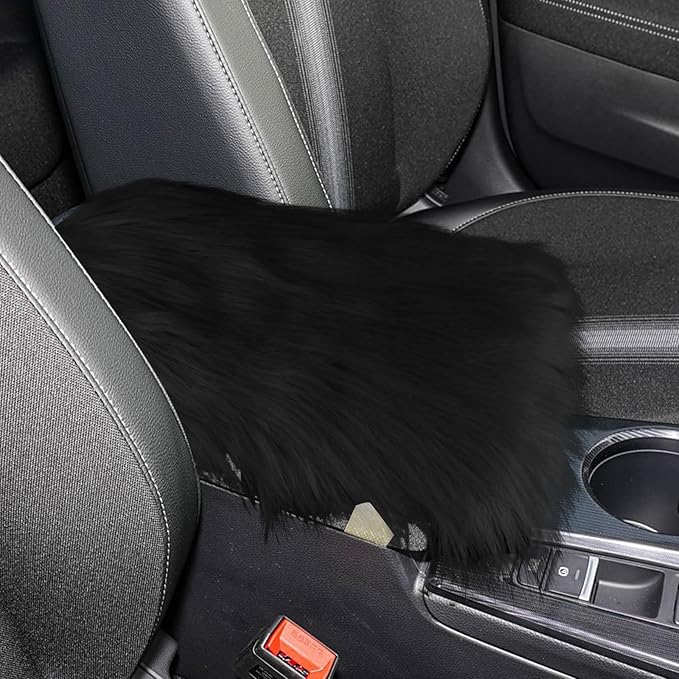wuyaoyao Furry Car Armrest Cover, 12.1"×6.4" Soft Plush Car Center Console Cover, Winter Warm Fluffy Arm Rest Cover for Car, Auto Armrest Box Cover Protector, Universal Middle Console Pad (Black)