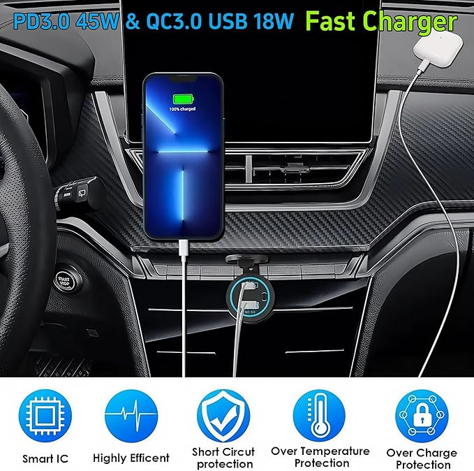 45W PD & 18W QC3.0 USB Laptop Car Charger Power Socket, Marine Type-C/USB C Port Fast Charging Adapter, 12V USB Power Outlet with ON/Off Switch Button Waterproof Cover for Boat RV Truck Golf (Blue)