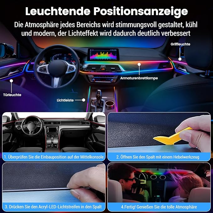 HMYC Dream Color Acrylic Interior Car Lights, 2 Pieces 75cm/29.5inch 128 Colorful Car LED Strip Light RGB Fiber Optic Rainbow Ambient Lighting bar, Universal Decoration Dynamic Atmosphere Neon Lights