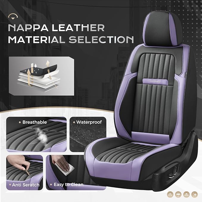 Coverado Car Seat Covers Front Seats, Seat Covers for Cars, Car Seat Protector, 2-Pack Car Seat Cushion Nappa Leather, Waterproof Seat Covers Carseat Cover Universal Fit for Most Cars(Purple&Black)