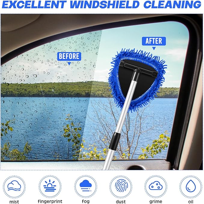 Baderke 9 Pcs Car Windshield Cleaner Tool Kit with with Extendable Handle, Microfiber Towel Pads, Sponge, Ventilation Brush, Empty Spray Bottle for Auto Glass Wiper Suvs Rvs & Home Windows(Blue)