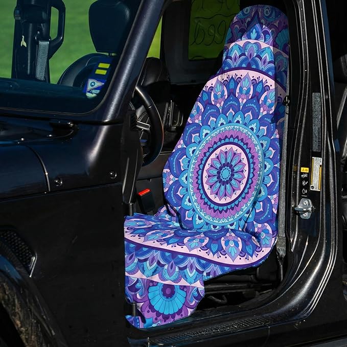 2 Pack Car Seat Towel Covers, Sweat Protector for Front Seats, Premium Thickened Microfiber, Mandala, Non-Slip Elastic Strap, Breathable Quick Dry, Machine Washable Cover for Gym Running Universal Fit