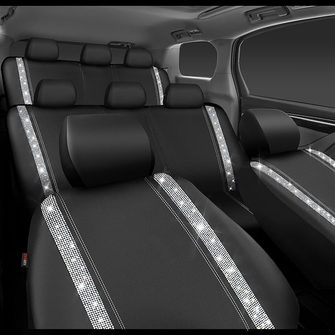 CAR PASS Bling Diamond Car Seat Covers, Shining Rhinestones Waterproof Faux Leather, 8 Seats 3 Rows with Zipper Glitter Crystal Sparkle Strips Universal Fit 95% MPV,SUV,CAR for Women Girl, Silver