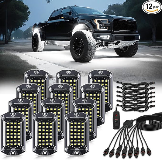12 Pods Full Angle Pure White LED Rock Lights for Trucks Jeeps Golf Cart Offroad Pickup ATV UTV RZR SUV, 28 LEDs 6500K Super Bright Waterproof White Underglow Kit with Switch Harness Extension Wires