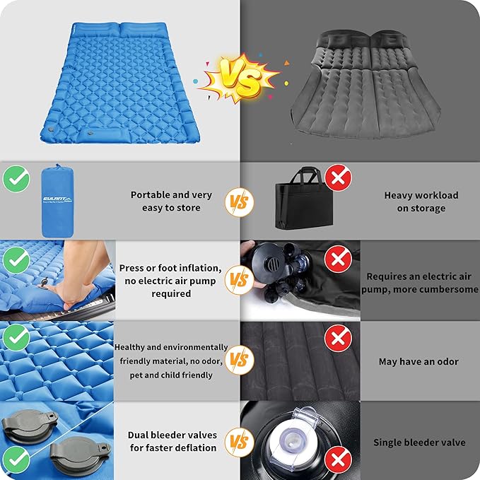 Inflatable Car Air Mattress, SUV Air Mattress for Travel Camping, Ultralight Camping Bed with Pillow and Built-in Foot Pump, Portable Sleeping Pad for SUV -Blue