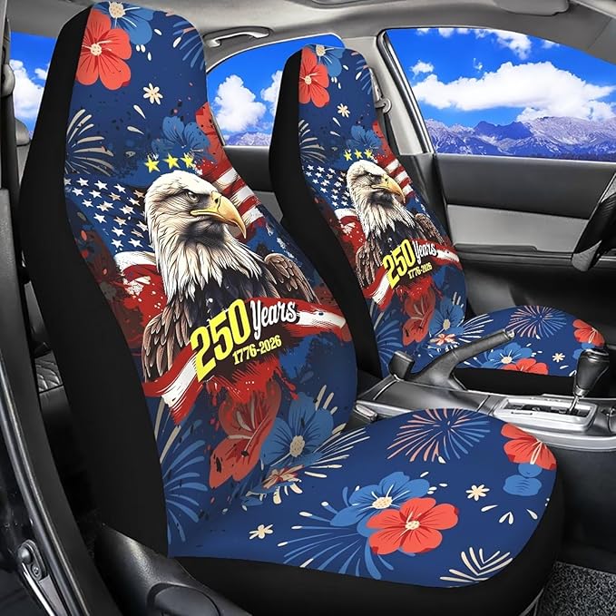 ELEQIN America 250th Anniversary Car Seat Covers Universal High Back Fashion Cushion Protector for Car Truck Suvs,Sedans,Vehicles,Airbag Compatible Front Car Seat Covers 2 Pack