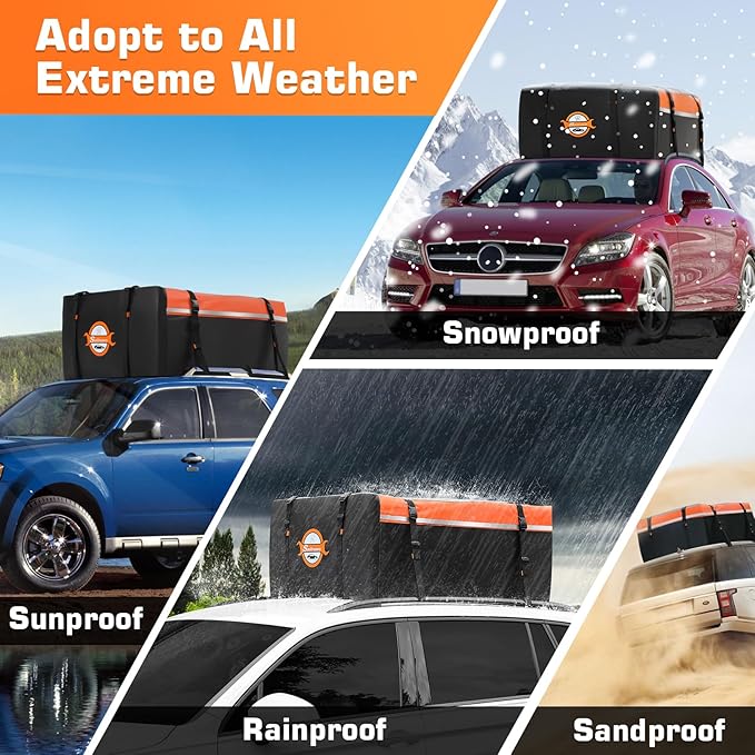 Sailnovo Rooftop Cargo Carrier 15 Cubic Feet, Waterproof Car Roof Bag Top Luggage Storage with Slip Mat, 4 Door Hooks & Heavy-Duty PVC for All Vehicle Roof with/Without Rack Cross Bar Orange