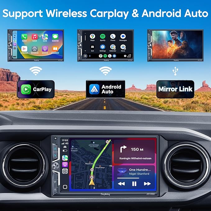 SJoyBring 7" QLED Double Din Car Stereo - Wireless Apple CarPlay & Android Auto, 240W 4.2CHN, SWC, Bluetooth, FM/AM Car Radio, 2 Subwoofers Outputs, Backup Camera