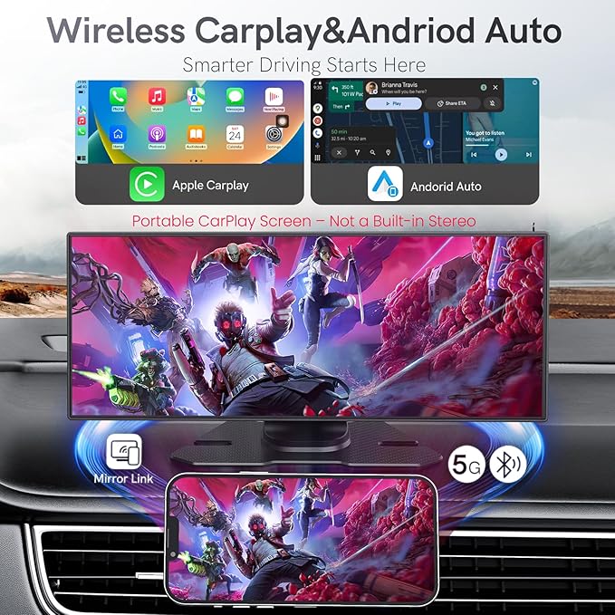 Portable CarPlay Screen for Car,Car Stereo with Apple CarPlay & Android Auto,Incell Touch Screen,4K Dash Cam,1080P Backup Camera,Mirror Link, Voice Control, Bluetooth 5.3,GPS,FM (11.26 Inch)