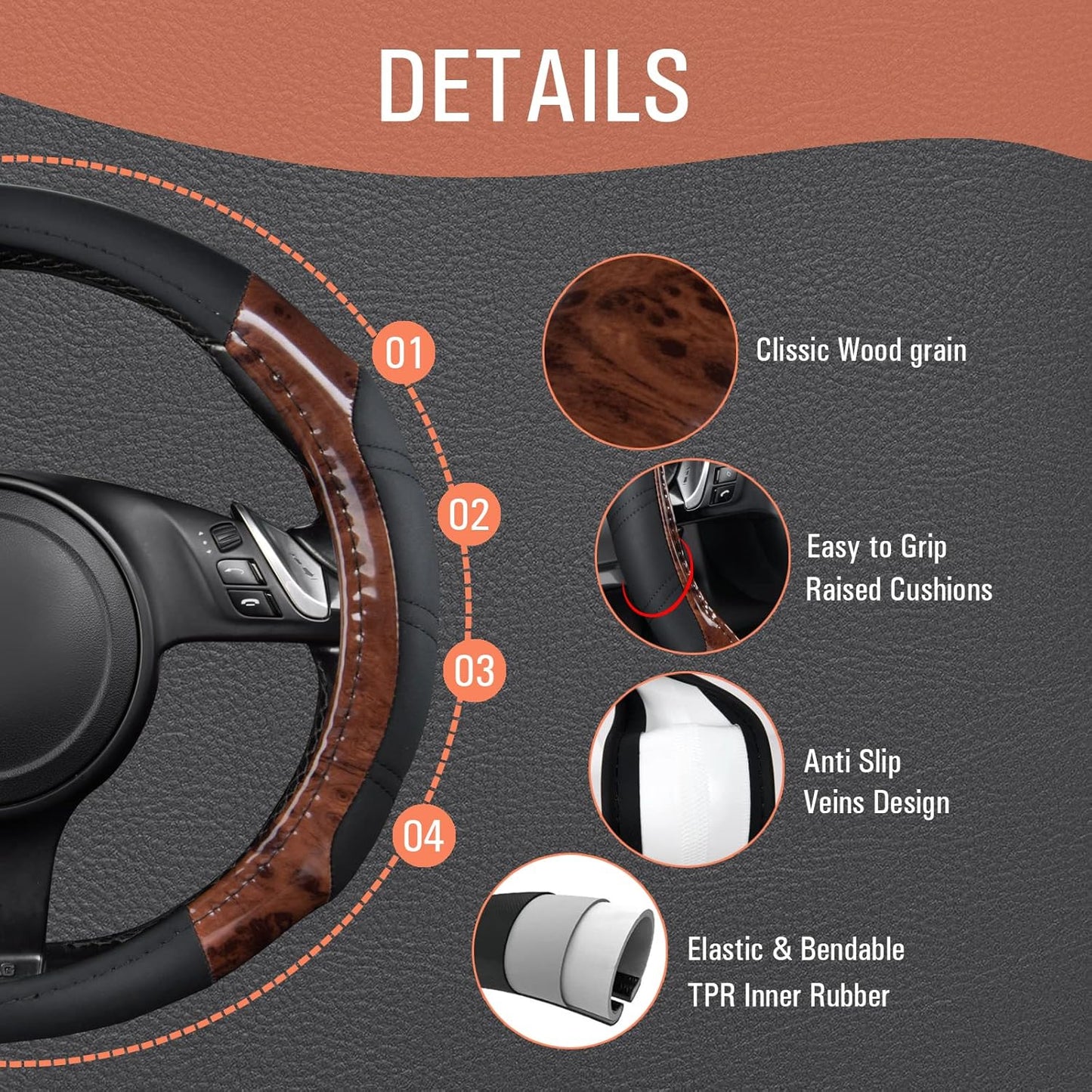 CAR PASS Wood Grain Microfiber Leather Sporty 14.5-15 inch Steering Wheel Cover Universal Fits for 95% Truck,SUV,Cars, Anti-Slip Safety Comfortable Design (Black Wood Grain)