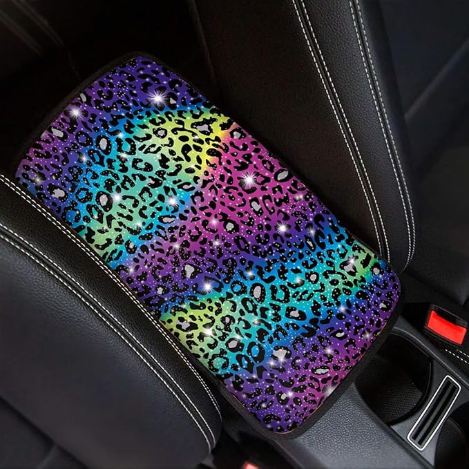 Coldinair Rainbow Glitter Leopard Print Car Center Console Pad Soft Armrest Protector Cover Fit for Most Vehicle,SUV,Truck,Wild Cheetah Car Interior Accessories Decor