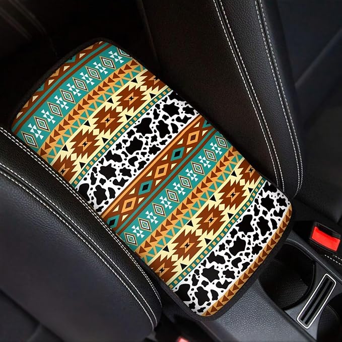 Dreaweet Aztec Cow Print Car Center Console Cushion Pad,Soft Car Armrest Seat Box Cover Protector Universal Fit for Most Cars SUV Trucks