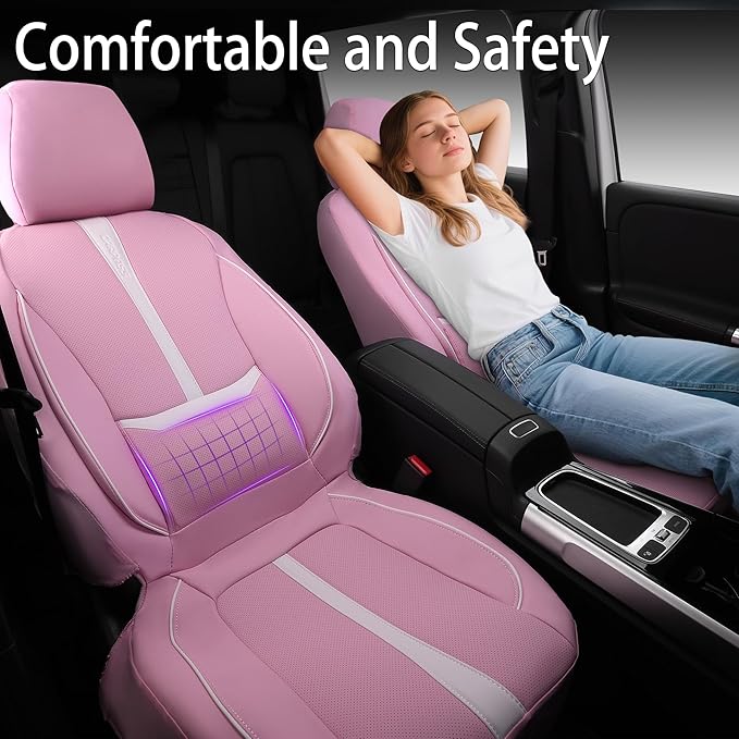 CAR PASS Nappa Leather Car Seat Covers, Cute Girly Water Resistant 3D Foam Faux Leather Seat Covers, Lumbar Support Automotive Seat Covers 2 Front Seats, Universal Fit for Cars SUV, Cute Pink White