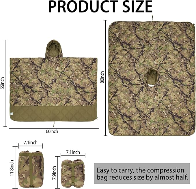 Poncho Liner Hoodie with Pocket Insulated Military Sleeping Bag Waterproof for Outdoor Camping Travel Survival Hunting Car Emergency
