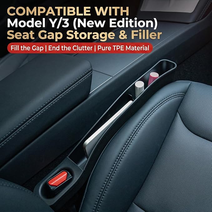 Seat Gap Filler for Tesla-Compatible Models – No More Lost Items, Custom Fit for Model Y & Model 3 (2020–2026), TPE Organizer with Storage, Easy Install, 2 Pack, Black