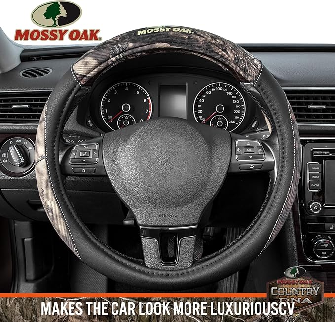 Mossy Oak Camo Steering Wheel Cover - PU Leather and Cotton Twill, Universal Fit 14 1/2 inches to 15 inches - Officially Licensed Product