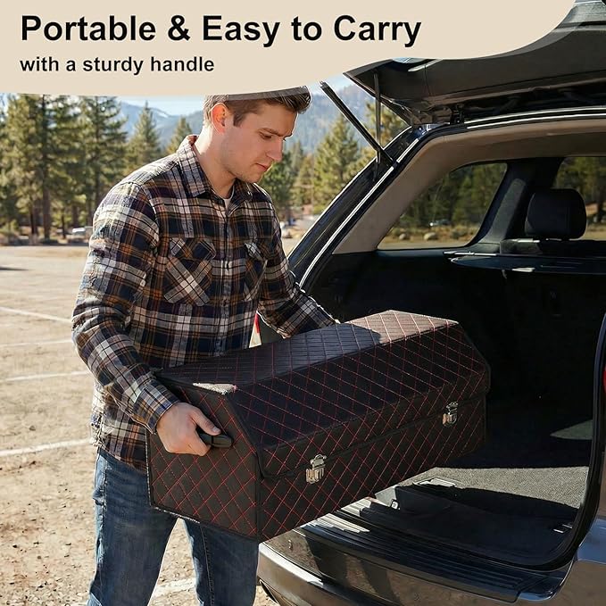 Trunk Organizer with Lid for Car Foldable Storage Box Heavy Duty PU Leather Cargo Organizer for SUV Sedan Waterproof (Red, Large)