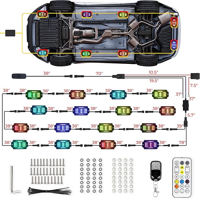 16 Pods Full Angle RGB Rock Lights, App/Remote Control Chasing Led Rock Lights with Music Mode Waterproof Multi-Color, Compatible with 12V Trucks Jeep UTV SUV ATV Off Road Golf Cart(Patented)