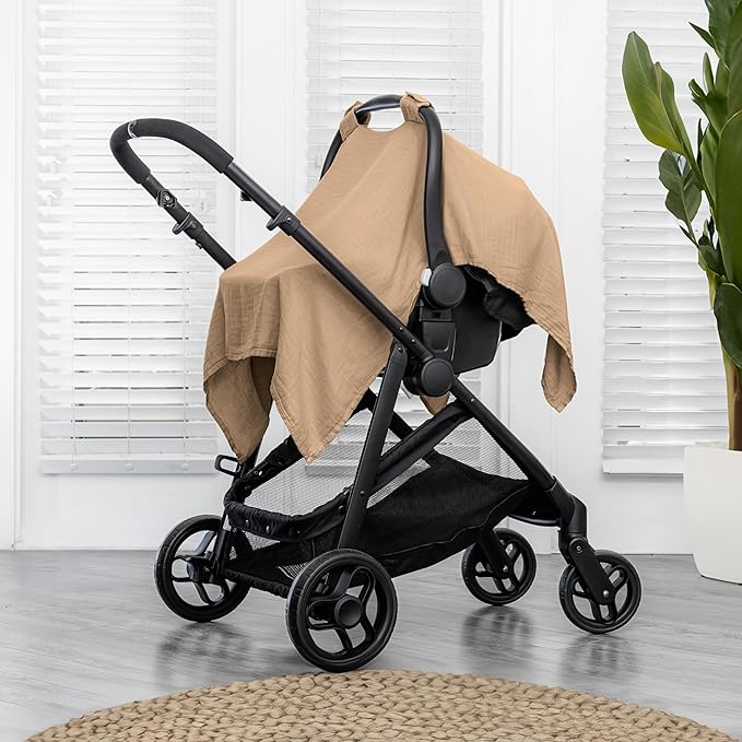 Comfy Cubs Baby Car Seat Cover - Soft, Breathable Bamboo Rayon and Muslin Cotton Blend - Lightweight Canopy for Sun, Bug, and Comfort Protection - Large Size Infant Seat Cover in Cedar Design