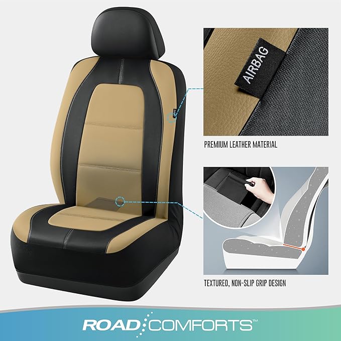 Road Comforts Car Seat Cover, Leather Car Seat Covers, Front Low Back Sport Seat Covers, Airbag Compatible, Universal Fits for Most Cars (Beige)