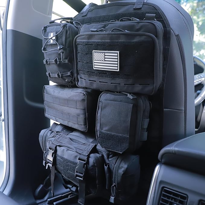 Universal Tactical Seat Back Organizer Vehicle Molle Panel Organizer Storage Bag with 5 Detachable Molle Pouch for All Vehicel Such as Jeep,Truck,SUV, Car, Ford,Chevy etc