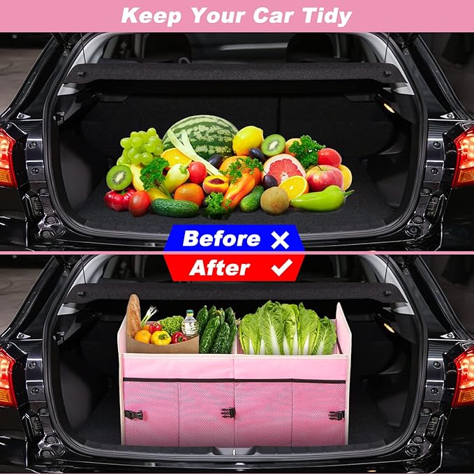 Car Trunk Organizer with Individual Cooler Bag - 2 Compartment Collapsible Car Storage for SUV (Pink)