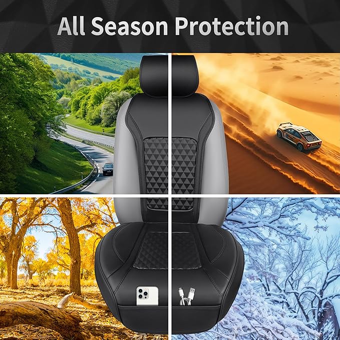 CAR PASS 2Pack Front Car Seat Covers Leather Memory Foam Water Proof Seat Protector Universal Fit for Cars SUVs Trucks Most Vehicles, 3D Foam Rhombus Sideless, Airbag Compatible Non-Slip, 2 Pcs Black