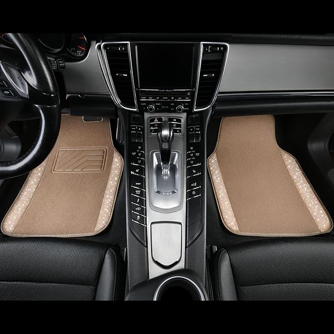 CAR PASS Bling Car Mats Shining Diamond Carpet Crystal Rhinestones Sparkly Glitter Floor Mats with Anti-Slip PVC Heel Pad Universal Fit for Automotive SUV, Sedan, Car, Van, 4pcs for Girl Women, Beige
