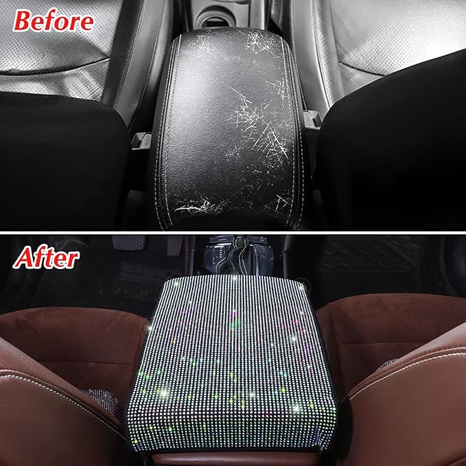Bling Car Armrest Cover with Memory Foam Cushion Pad & Rhinestones, Universal Diamond Center Console Cover for Cars, Bling Middle Console Cover, Bling Car Accessories for Women, AB Color