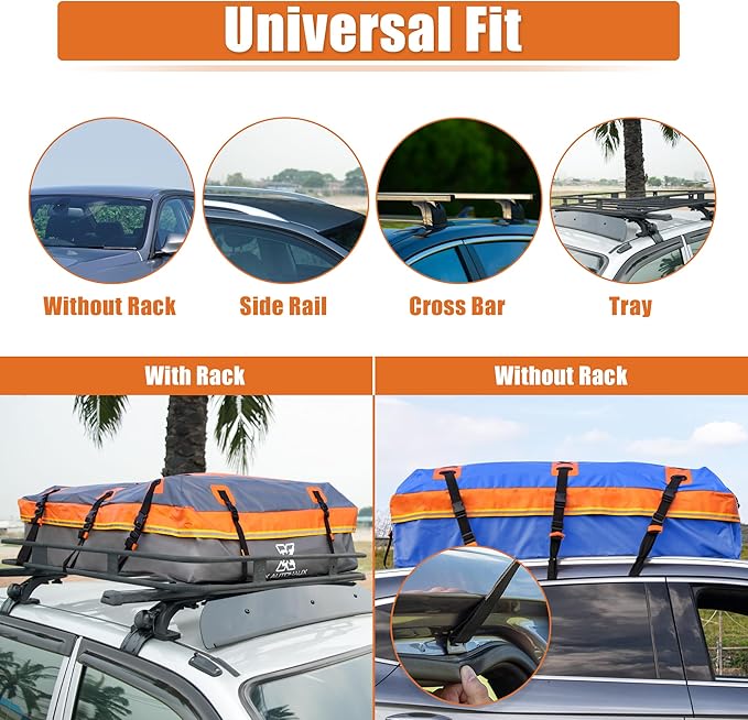 X AUTOHAUX 1000D PVC Waterproof Car Roof Bag Rooftop Cargo Carrier Bag Luggage Carriers for Cars with or without Rack Anti-Slip Mat 6 Door Hooks Set Blue - 15 Cubic Feet