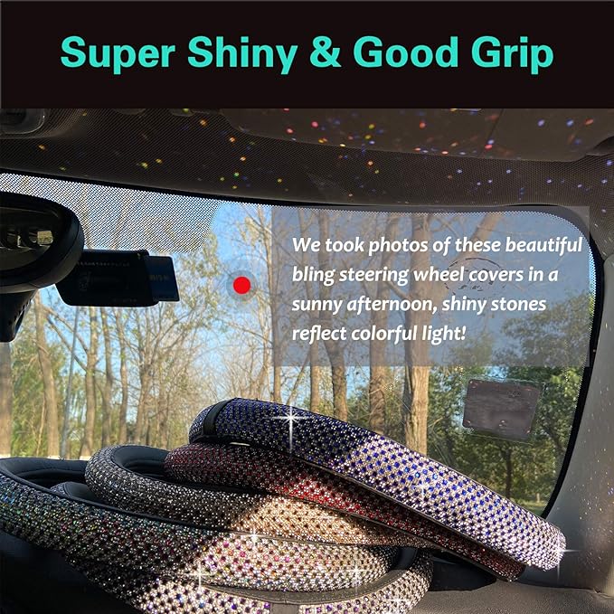 PINCTROT Large Size Bling Comfy Steering Wheel Cover with Jumbo Crystal Rhinestones, Anti-Slip Diamond Leather, 15.5-15.75 Inch (Red)