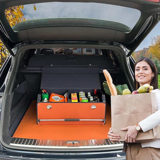 XCF Car Trunk Organizer for SUV, Collapsible Leather Car Storage Trunk Organizer with Lid and Sturdy Handle Car Trunk Leather Storage Box (Orange, 27.1 x 11.4 x 12.2in)