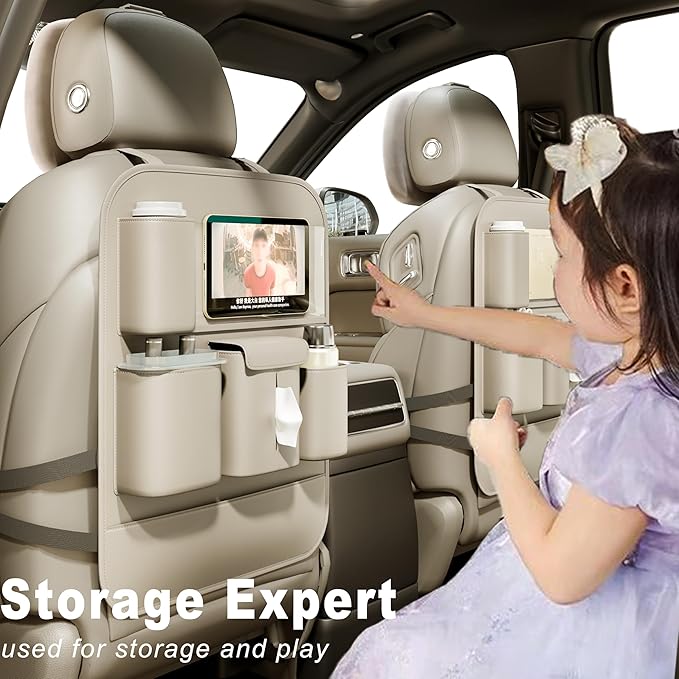 GMQ Backseat Car Organizer with Touch Screen,Protectors Kick Mats Travel Accessories for Kids,Multifunctional Seat Back Organizer Car Travel Organizer Accessories (Beige, 2PCS)