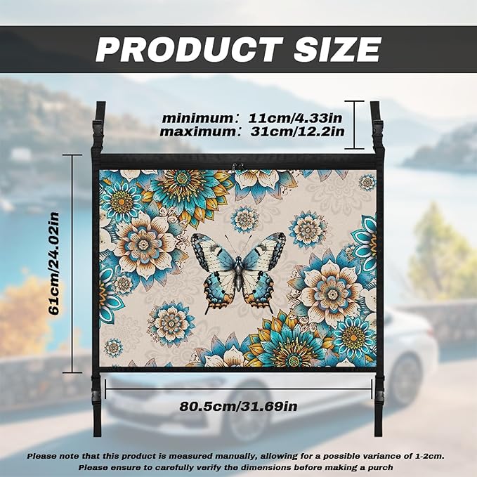 NDISTIN Butterfly Car Ceiling Cargo Net Pocket Adjustable Cargo Net for Inside Car Roof Vintage Boho Floral Car Roof Storage Bag Car Ceiling Storage Accessories for Long Road Trip Travel