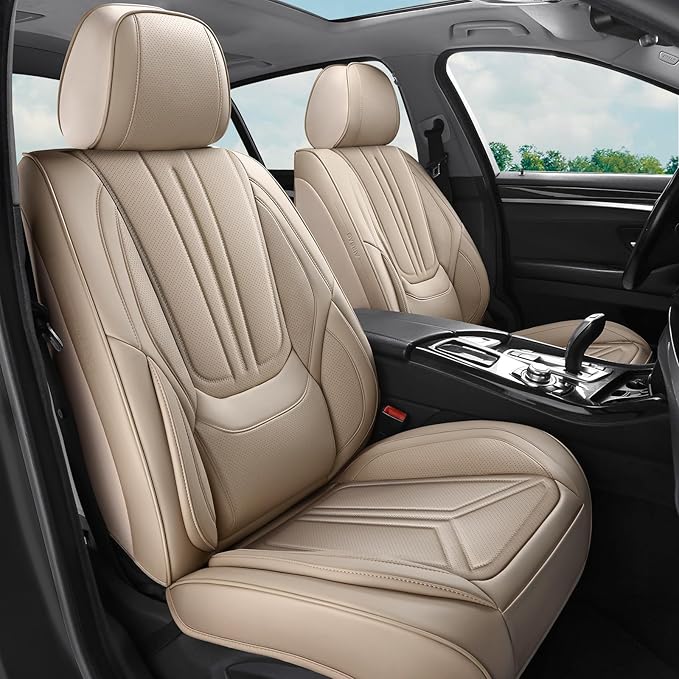 Car Seat Covers Front Seats, Premium Leather Car Seat Covers, Waterproof and Breathable Seat Covers, Universal Car Seat Protector Fit for Cars, Trucks, SUVs, Pick-ups(Beige, 2 PCS Front Seat)