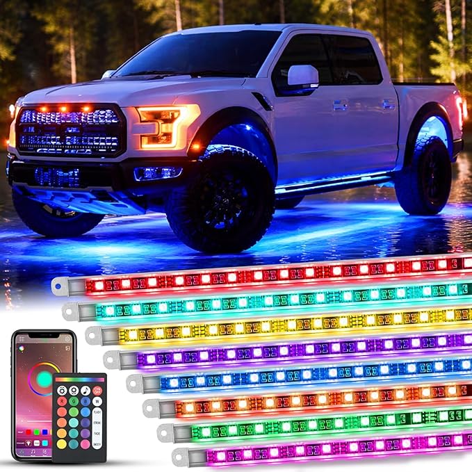 Nilight 8Pcs RGBW Aluminum Underglow Neon Accent Strip Lights 252LEDs Door Assist Multi Color DIY Sound Active Function Music Mode with APP and Remote Control Underbody Light Strips for Car Truck RV