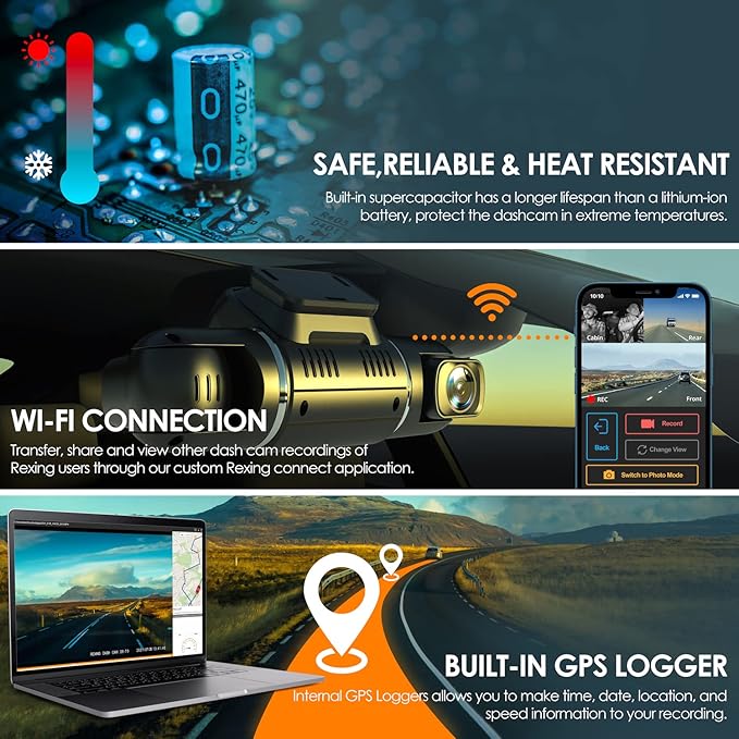RexingUSA V2 PRO AI Dash Cam 3-Channel Front/Cabin/Rear 1080p Recording with Mobile App Night Vision Camera w/Front Collision Warning, Pedestrian Alert, Lane Departure Warning,Clear to Go Alert