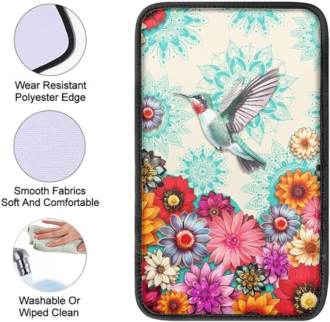 Boho Flower Hummingbird Vehicle Armrest Covers Armrest Seat Box Cover Protector Middle Storage Organizer Pad Aesthetic Interior Decor