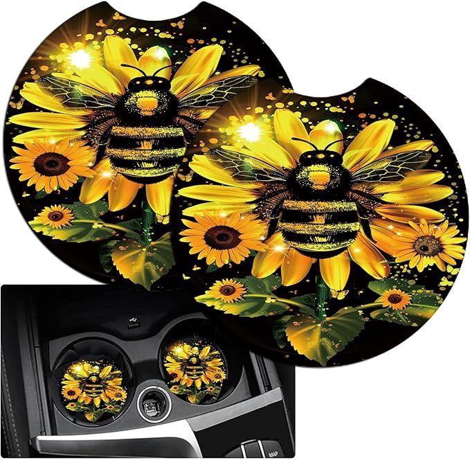 Car Armrest Cover Pads Universal Fashion Cute Auto Center Console Armrest Cover Pad with 2PCS Car Coasters Soft Waterproof Seat Protector for Women, Sunflower Bee
