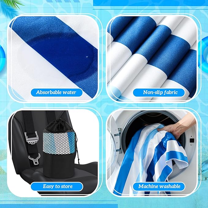 2 Pack Car Seat Towel Covers with Storage Bag 63 x 32 Inch Athletic Running Towel Seat Sweat Washable Non Slip Cover Gift for Car Outdoor Sport Activities (Blue Vertical Stripes)