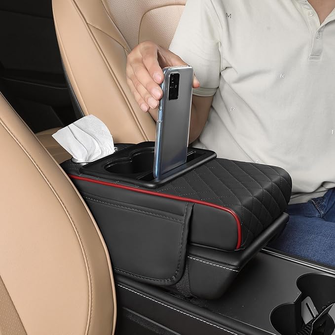 FREESOO Car Center Console Cover, Leather Armrest Cover for Car, Universal Middle Console Cushion with Storage Box, Cup Holder, Tissue Box & Phone Slot, Waterproof Interior Accessories, Black Red