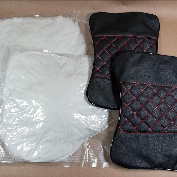 Set of 2 Quilted Faux Leather Car Headrest Pillow, Black Case/Red Threading, Ergonomic Neck Support for Comfortable Driving (Black Base/Red Thread)