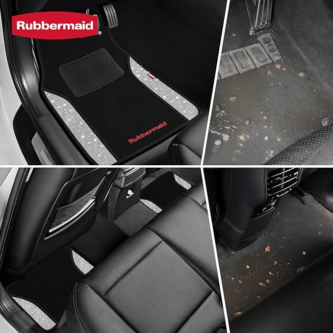 Rubbermaid Bling Car Mats, Carpeted Floor Car Mat with Faux Leather & Built-in Heel Pad, Two-Tone Car Rug Floor Mats, Stylish Carpeted Floor Mats for Cars, Trucks & SUVs Glitter Sliver Color