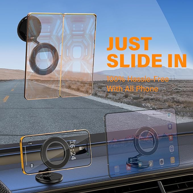 Magnetic Car Phone Holder, N55 Strong Magnets, 360° Rotation Dashboard Magnetic Phone Holder for Car, Folding Car Magnet Phone Mount for iPhone 16 15 14 13 Pro Max (Round-2)