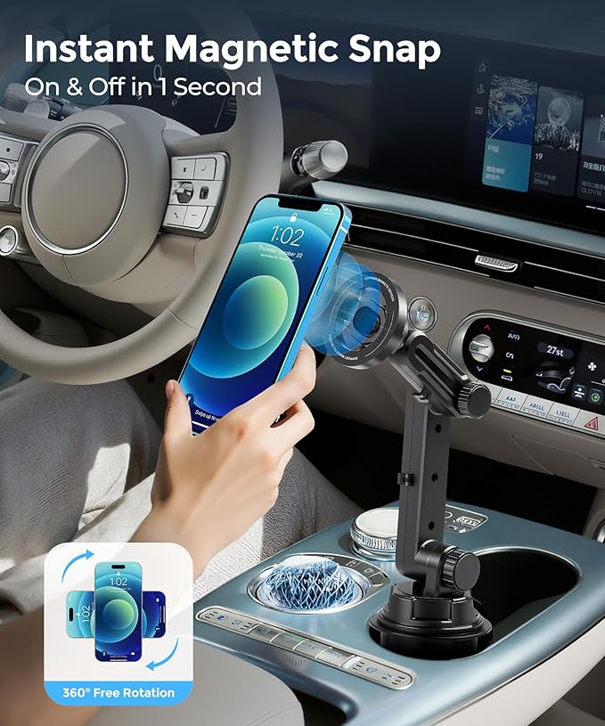 Upgraded Car Cup Phone Holder - Powerful Magnet for Cars/Trucks, 1s Grab Release, car Phone Mount Compatible with MagSafe，Fits iPhone/Samsung & All 4.0-7.0 Inch Smartphones