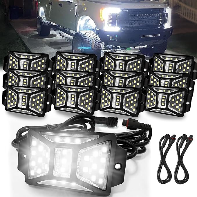 12 Pods Pure White Rock Lights with 2 Pack Connectors Extension Wires,Waterproof Rock Lights Compatible with Trucks Jeep UTV SUV ATV Boat Golf Cart, Mess Free Two-Path Wiring Underglow Kits(Patented)