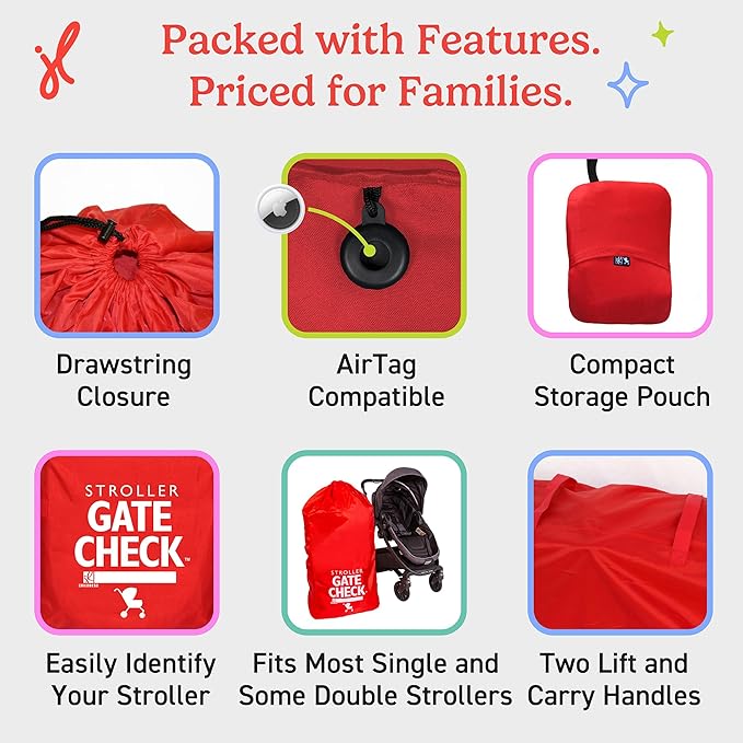 J.L. Childress Gate Check Bag for Single & Some Double Strollers - Travel Bag for Airplane, Fits Most Standard Baby Strollers, Airport Accessories for Gate Check, Flying Essentials - Red