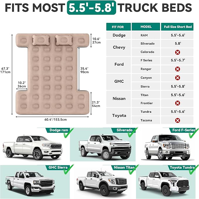 YITAHOME Truck Bed Air Mattress for 5.5-5.8 ft Full-Size Short Truck Beds, Inflatable Car Mattress Bed with Pump, Pillows, Carry Bag & Repair Kit for Outdoor, Travel, Camping (Black&Brown)