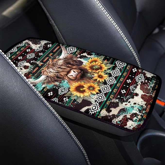 UNICEU Southwestern Cowhide Highland Cow Auto Center Console Pads Comfortable Non Slip Car Armrest Storage Box Mat Universal Fit Auto Interior Accessories for Women Men