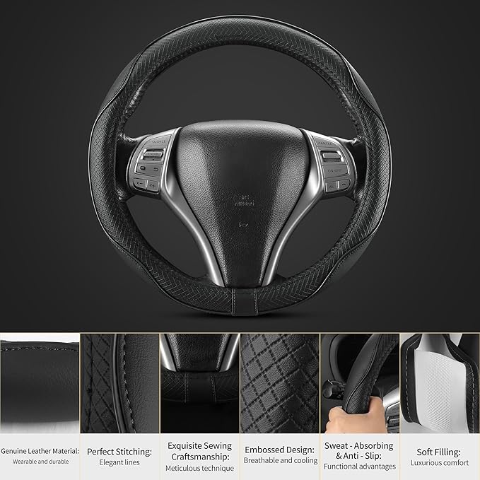 Leather Car Steering Wheel Cover,Anti-Slip, Safety, Soft, Breathable, Heavy Duty, Thick, Full Surround, Sports Style,Universal Car Accessories for Women Men Fit 14" 1/2-15"(Black)